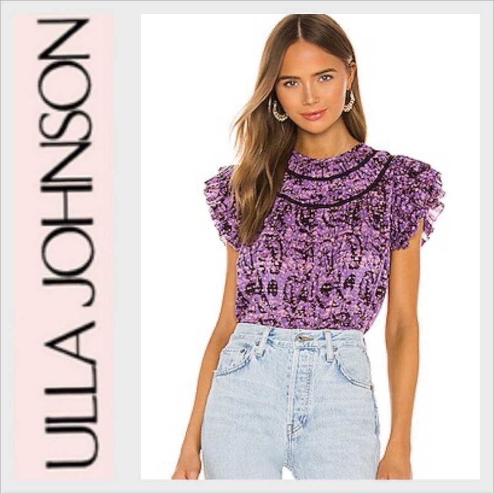 ULLA JOHNSON Amai Blouse Purple Batik Top Size 4 Small Flutter Sleeve Boxy - Picture 1 of 11